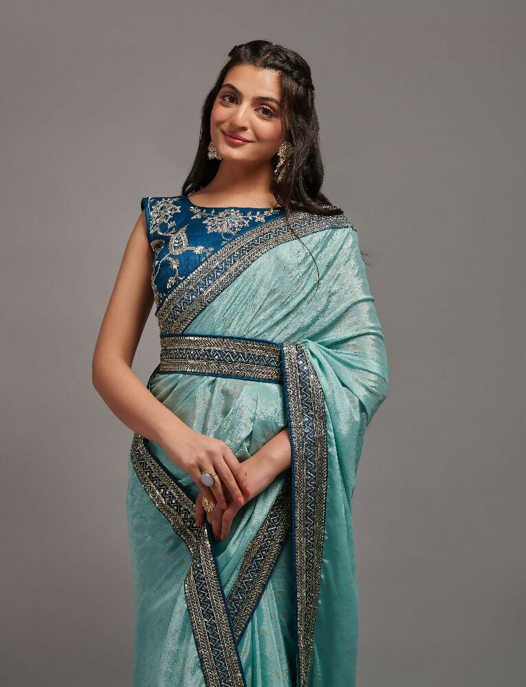 Sky Chinon Saree with Embroidery Lace and Matching Blouse