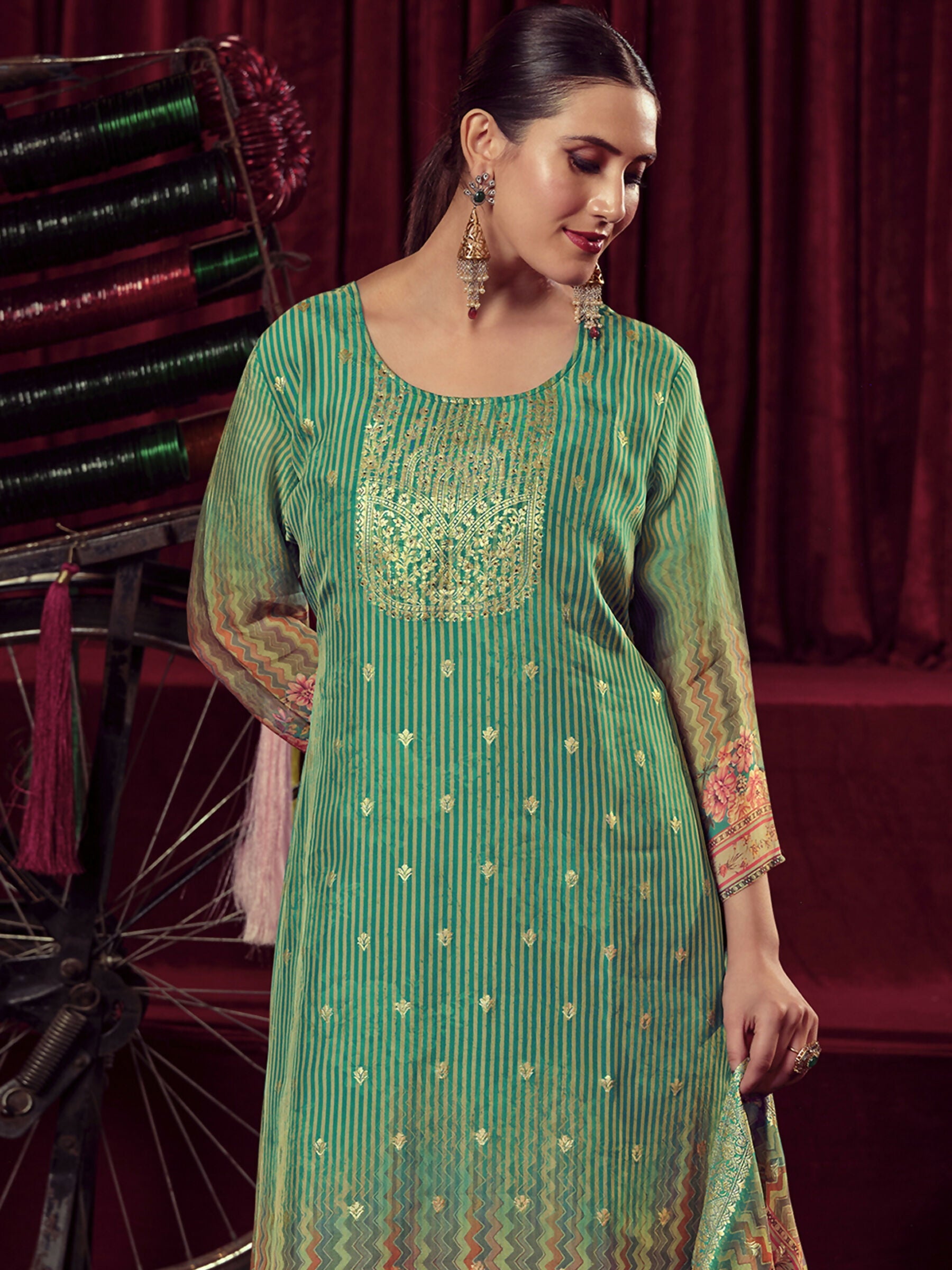 Green Organza Jacquard Woven Straight Kurta Set with Dupatta