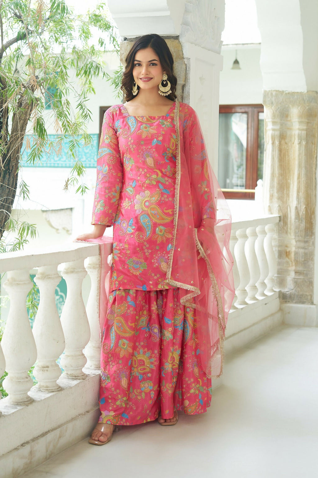 Pink Chinnon Embroidered Sequence Work Readymade Kurta Set