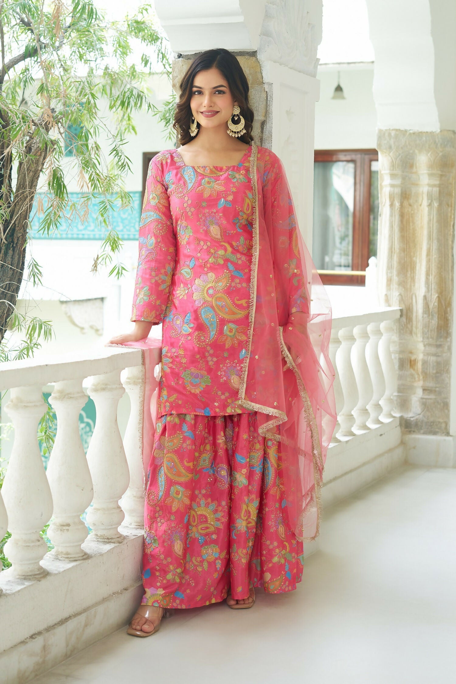 Pink Chinnon Embroidered Sequence Work Readymade Kurta Set