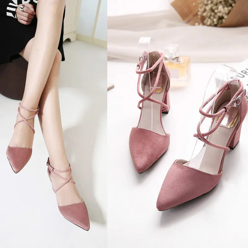 Women's Pointed Toe Suede Chunky Block Heel Ankle Strap Pumps - Image 18