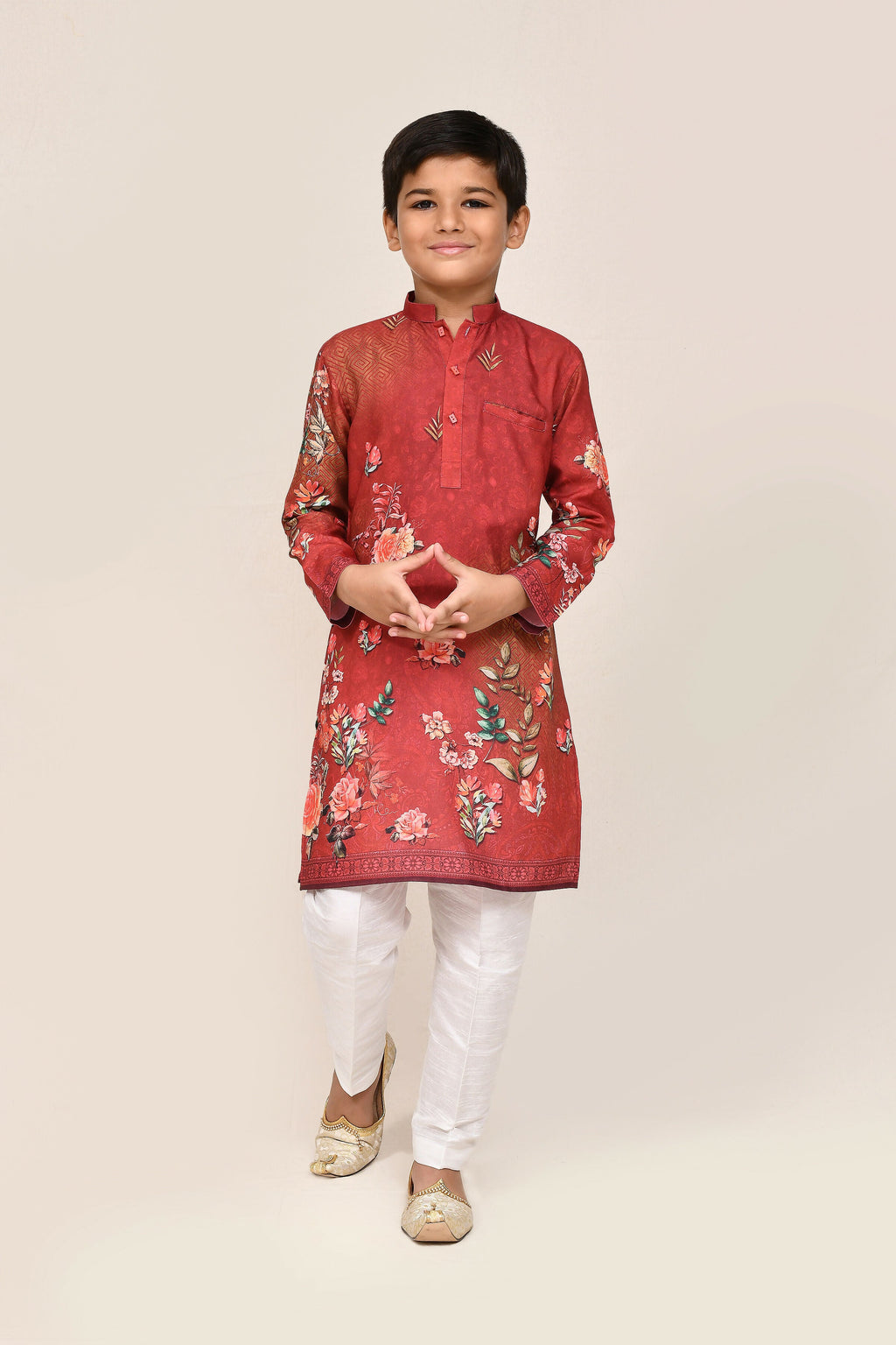 Red Cotton Kurta with White Straight Fit Pant Set