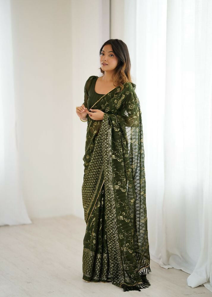 Mehendi Georgette Saree with Foil Work and Zalar Lace Border