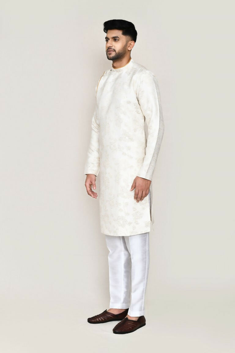 Cream Jacquard Silk Kurta with Straight Fit Pant