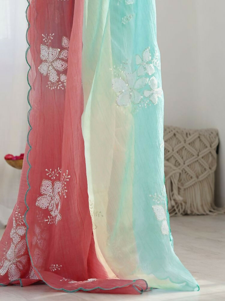 Rama Peach Gold Crush Embroidery Saree with Blouse