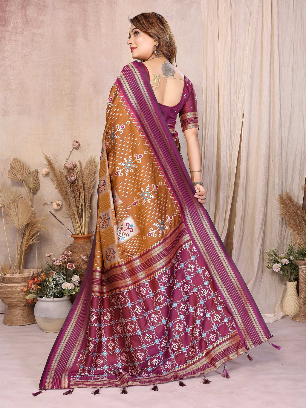 Mustard Soft Silk Weaving Saree with Contrast Wine Blouse