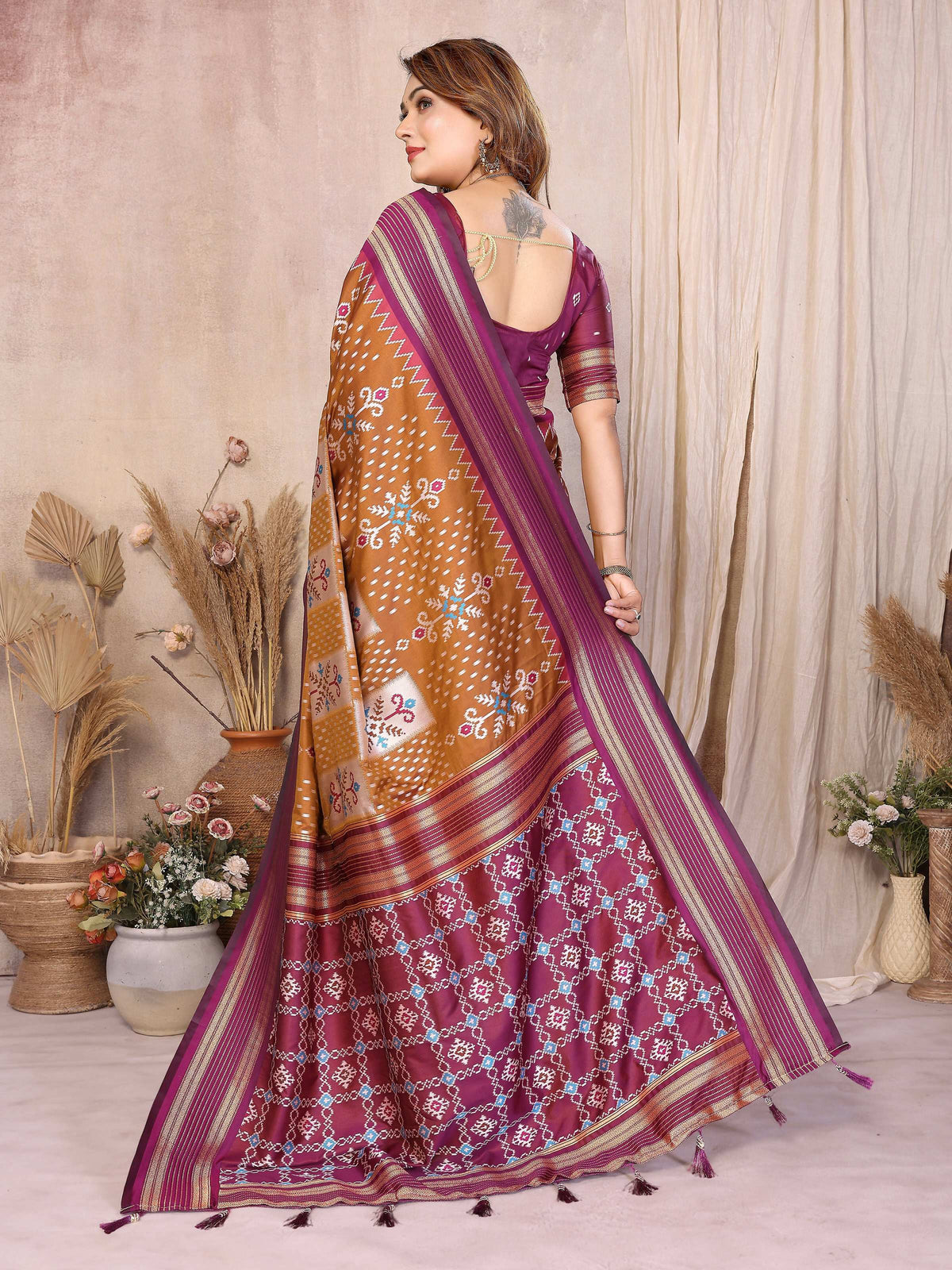 Mustard Soft Silk Weaving Saree with Contrast Wine Blouse