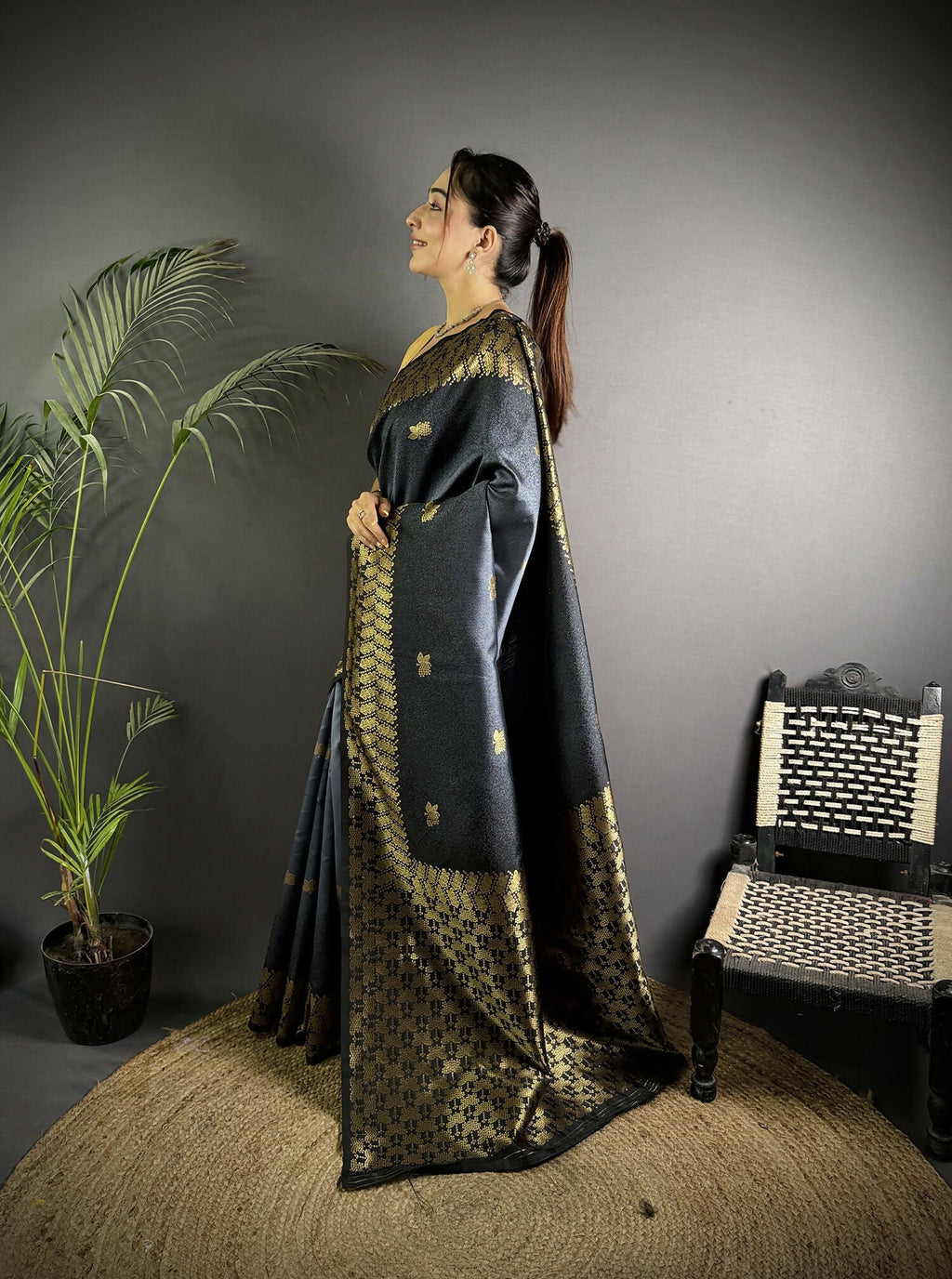Grey Handloom Silk Ikkat Saree with Traditional Design