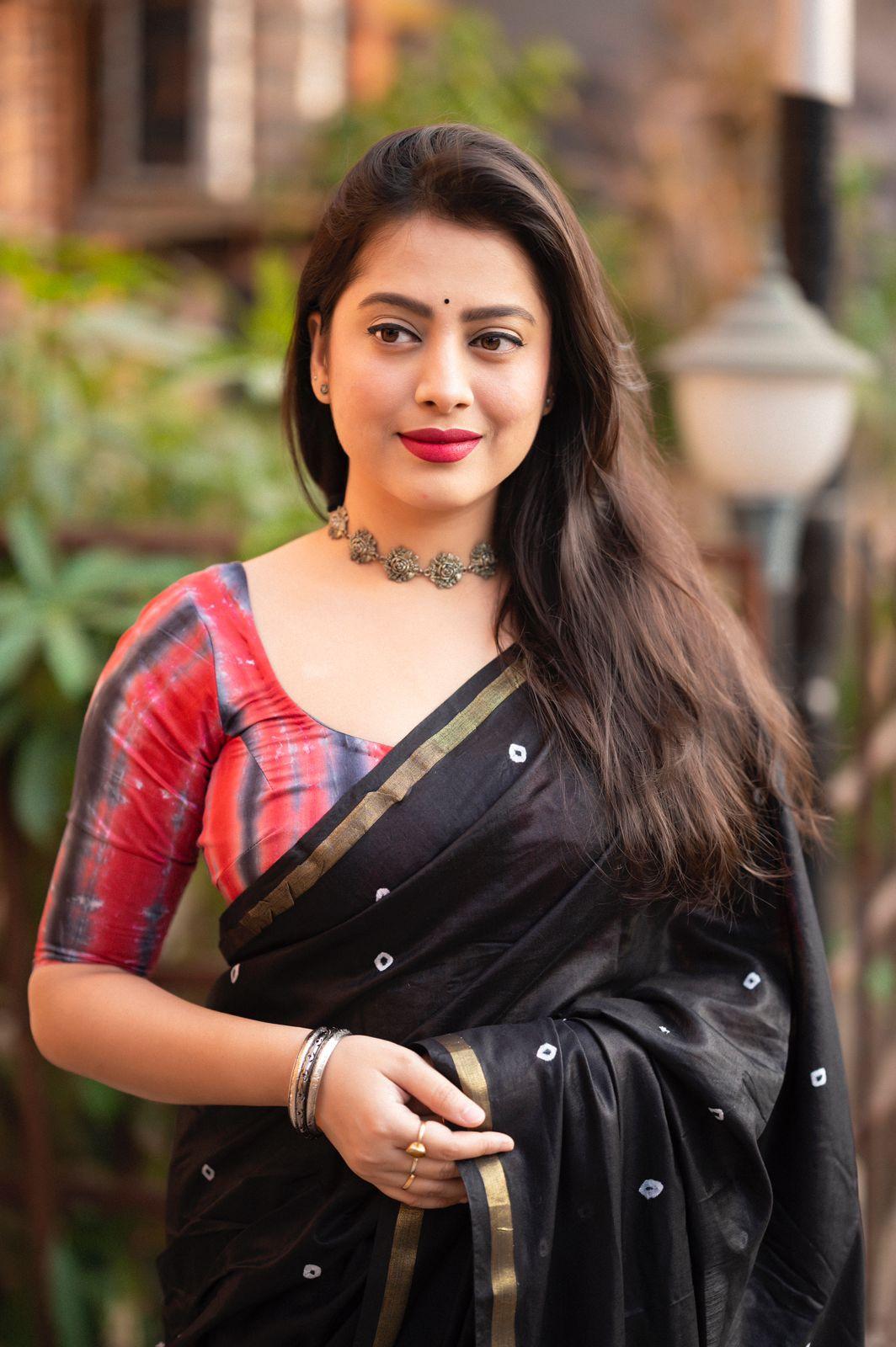 Black Chanderi Cotton Block Print Saree with Unstitched Blouse - Hiral Fashion