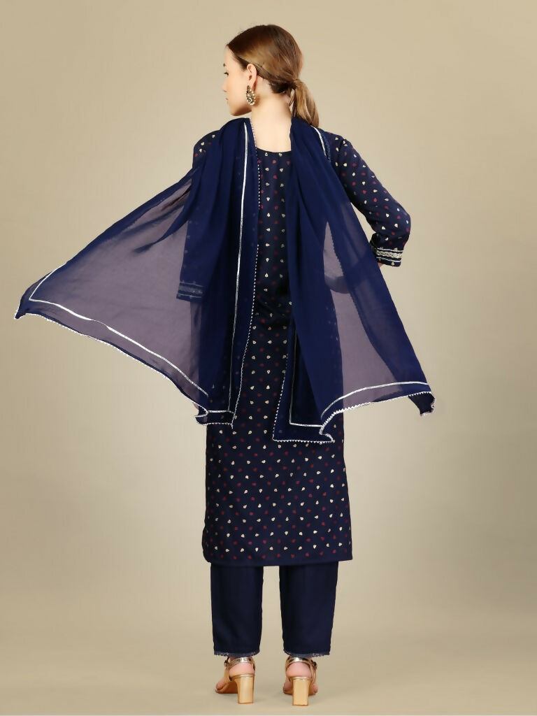 Jyoti Fashion Women's Navy Blue Silk Blend Embroidery & Sequence work Kurta with Trouser & Dupatta