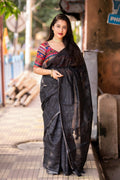 Black pure linen saree with aari mirror work and heart-printed jute silk blouse