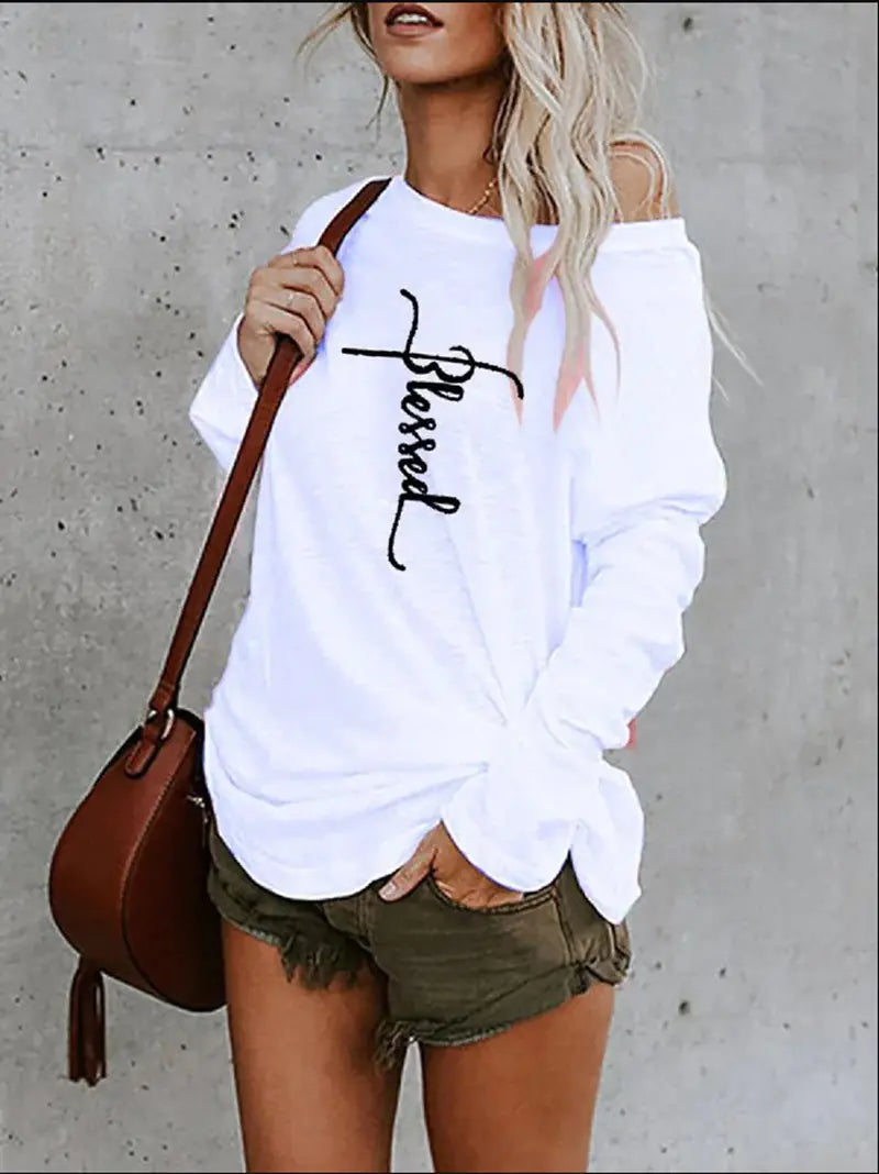 Printed Loose Off-the-Shoulder Round Neck T-shirt