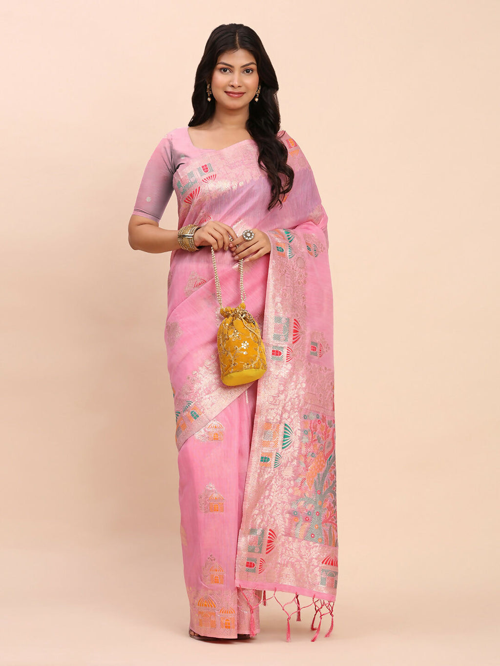 Pink Linen Cotton Saree with Matching Blouse Piece