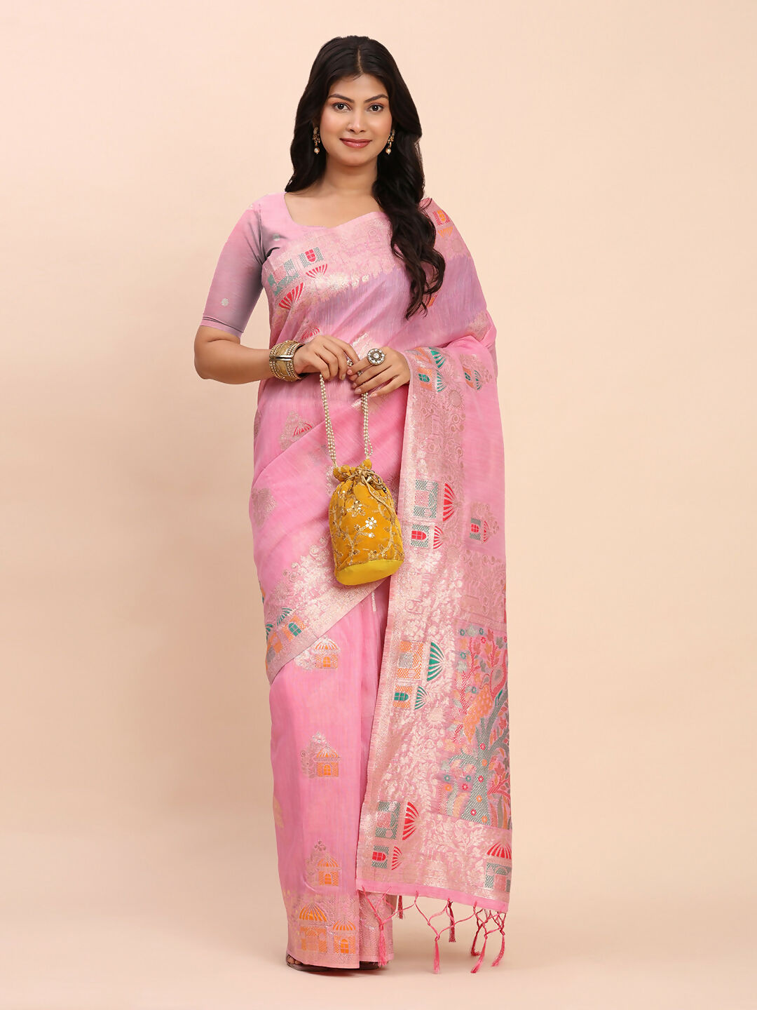 Pink Linen Cotton Saree with Matching Blouse Piece