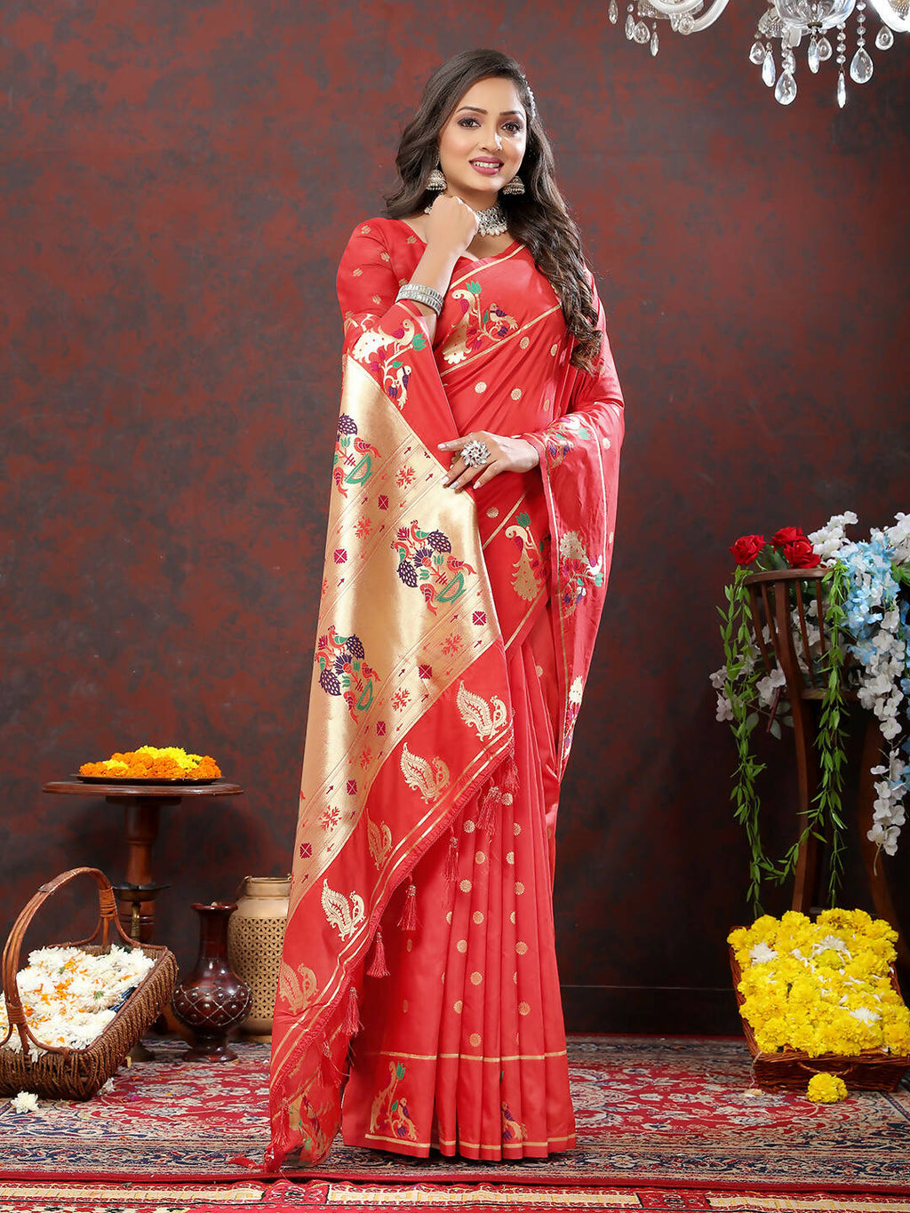 Red Soft Paithani Silk Saree with Gold Zari Meenakari Weaving