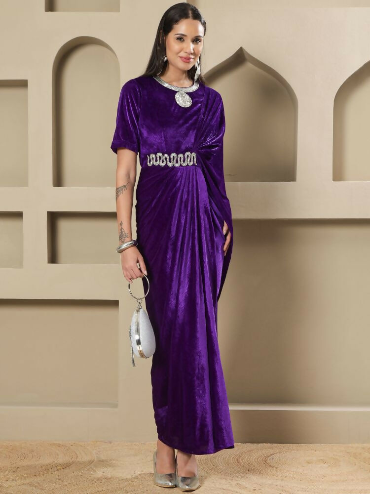 Women Purple Velvet Stitched Dress with Hand Embellishment