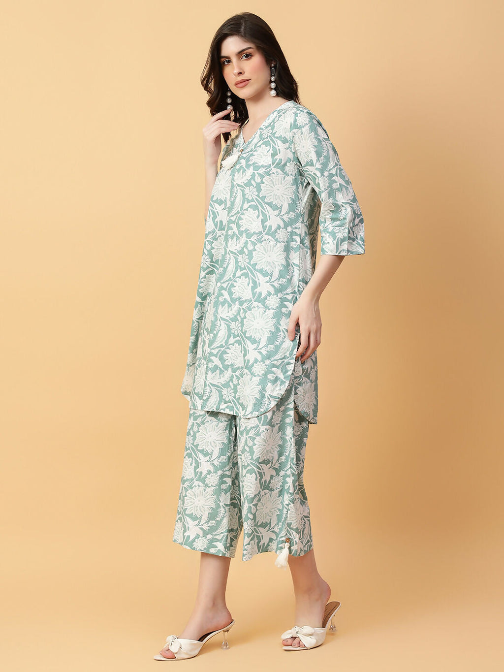 Green Printed Cotton Co-ord Set with Hand Work Detail