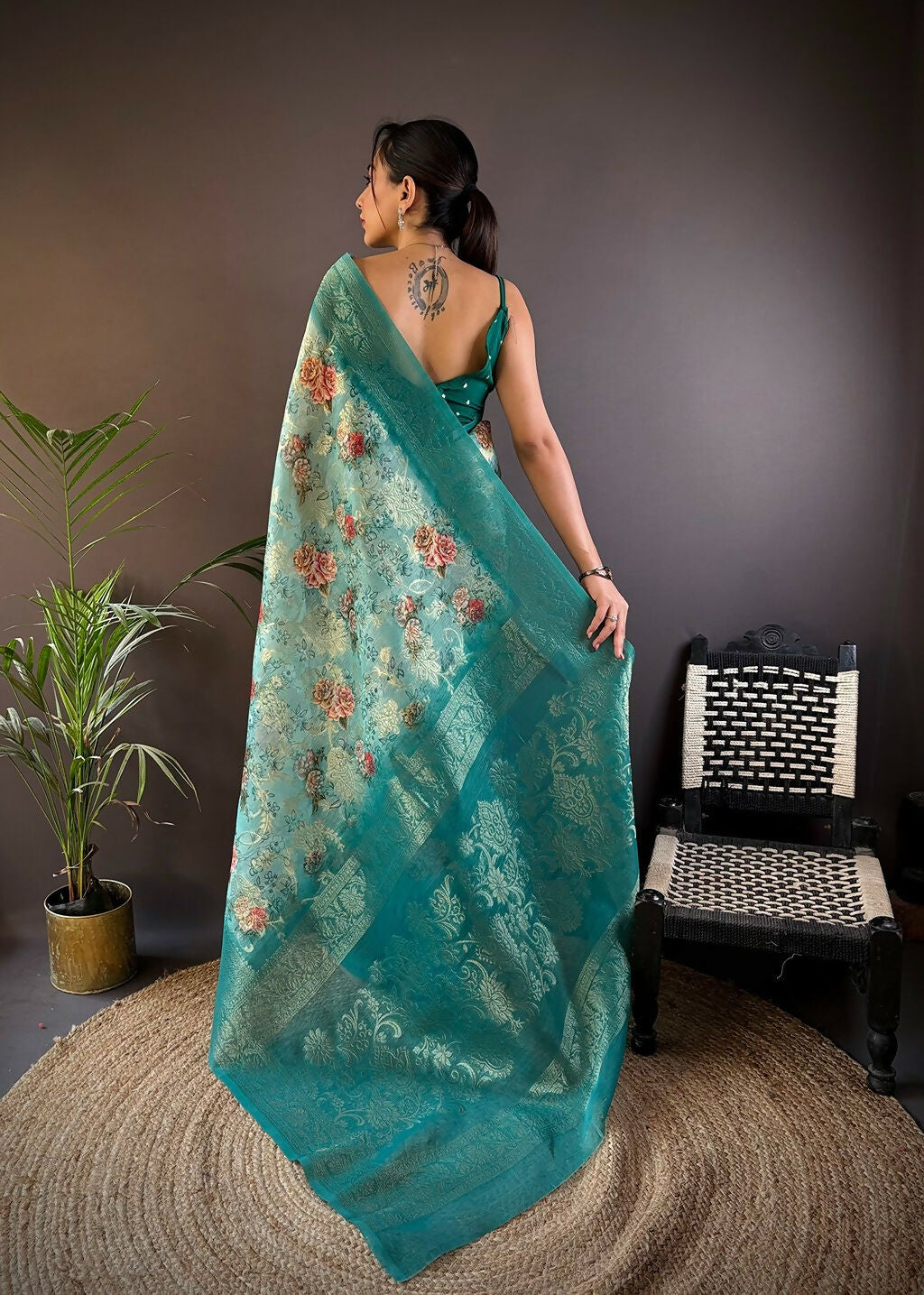 Teal Banarasi Silk Saree with Elegant Floral Motifs & Blouse