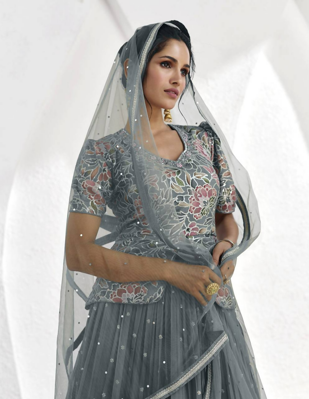 Grey Faux Georgette Embroidered Salwar Lehenga with Sequin Work