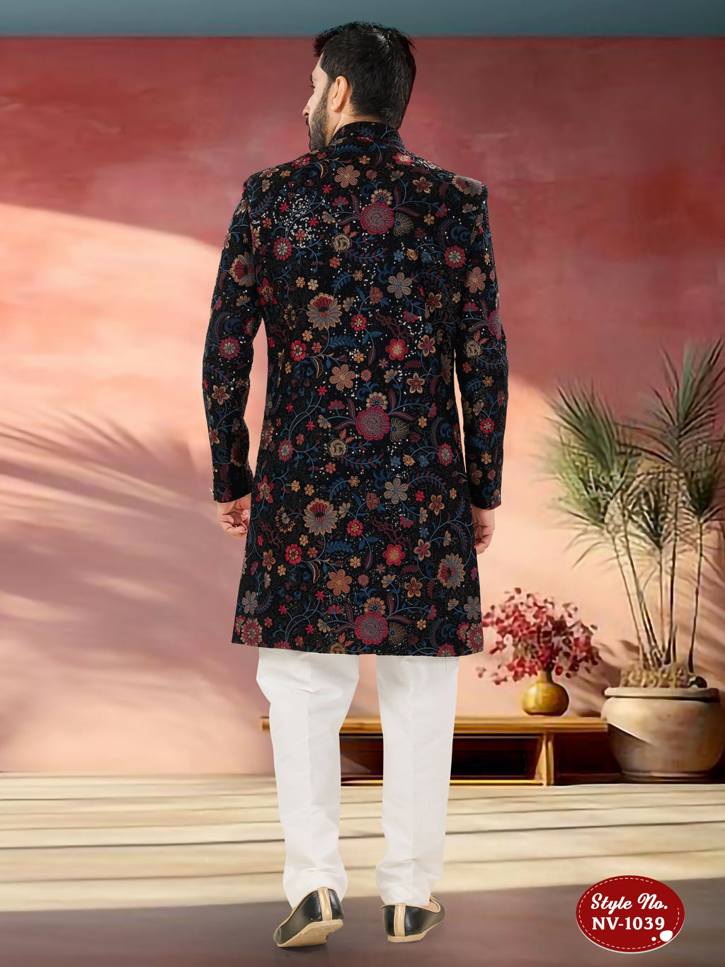 Men's Blue Multi-Colour Velvet Indo-Western Kurta Set with Embroidery