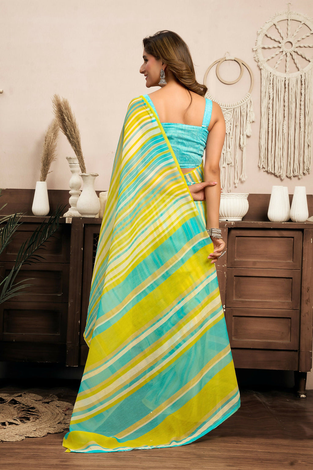 Yellow Leheriya Linen Ready to Wear Saree with Turquoise Blouse
