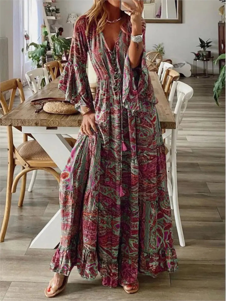 Women's Bohemian Floral Maxi Dress - V-Neck