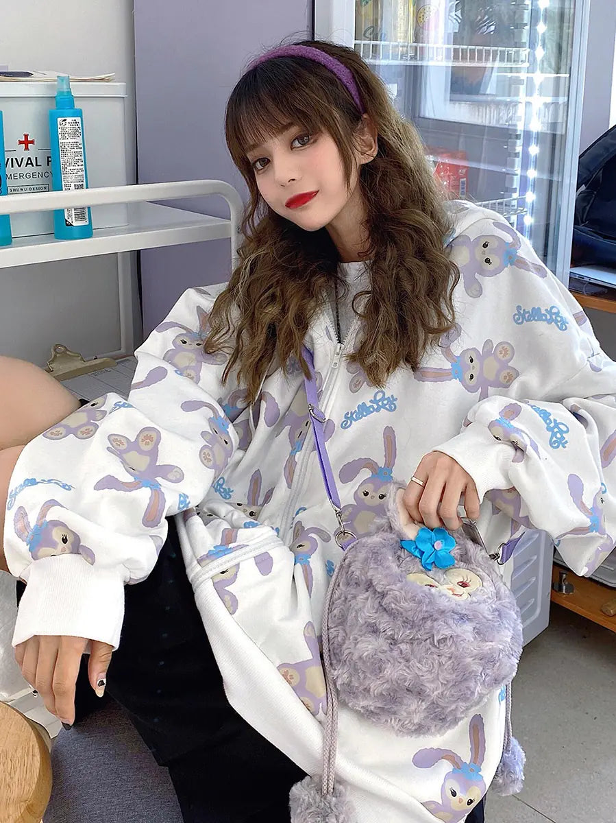 Women's Loose-Fit Cartoon Character Print Hooded Zip-Up Jacket - Image 4