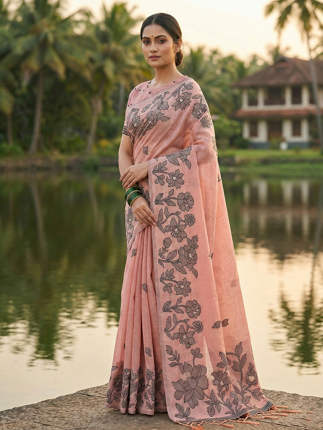 Peach Linen Cotton Saree with Matching Blouse Piece