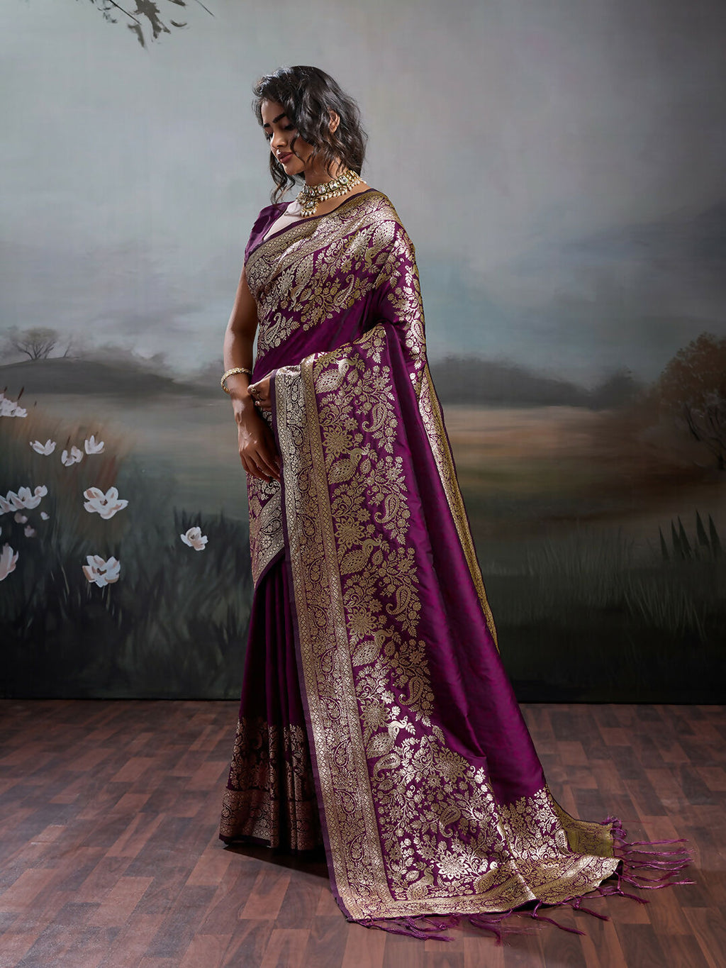 Wine Silk Blend Saree with Coordinating Blouse Piece
