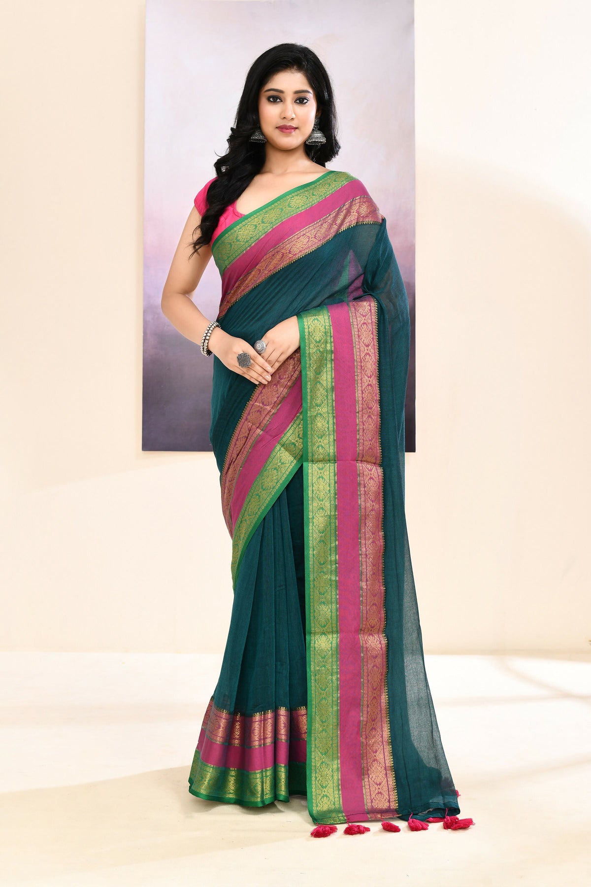 Teal Cotton Saree with Zari Border and Embellishments
