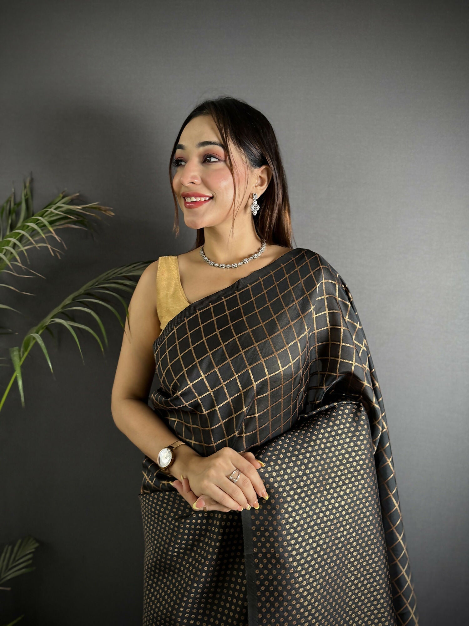 Black Banarasi Soft Lichi Silk Woven Checks Saree