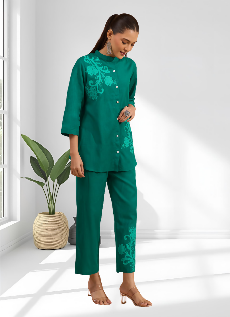 Green Cotton Linen Embroidered Cord Set for Festive Wear