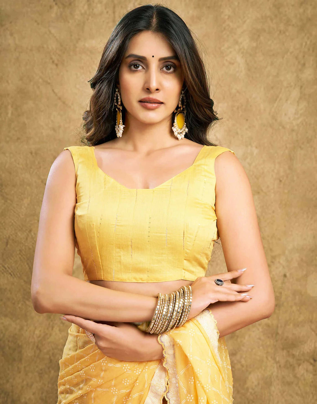 Light Yellow & White Printed Chiffon Saree with Lace Border