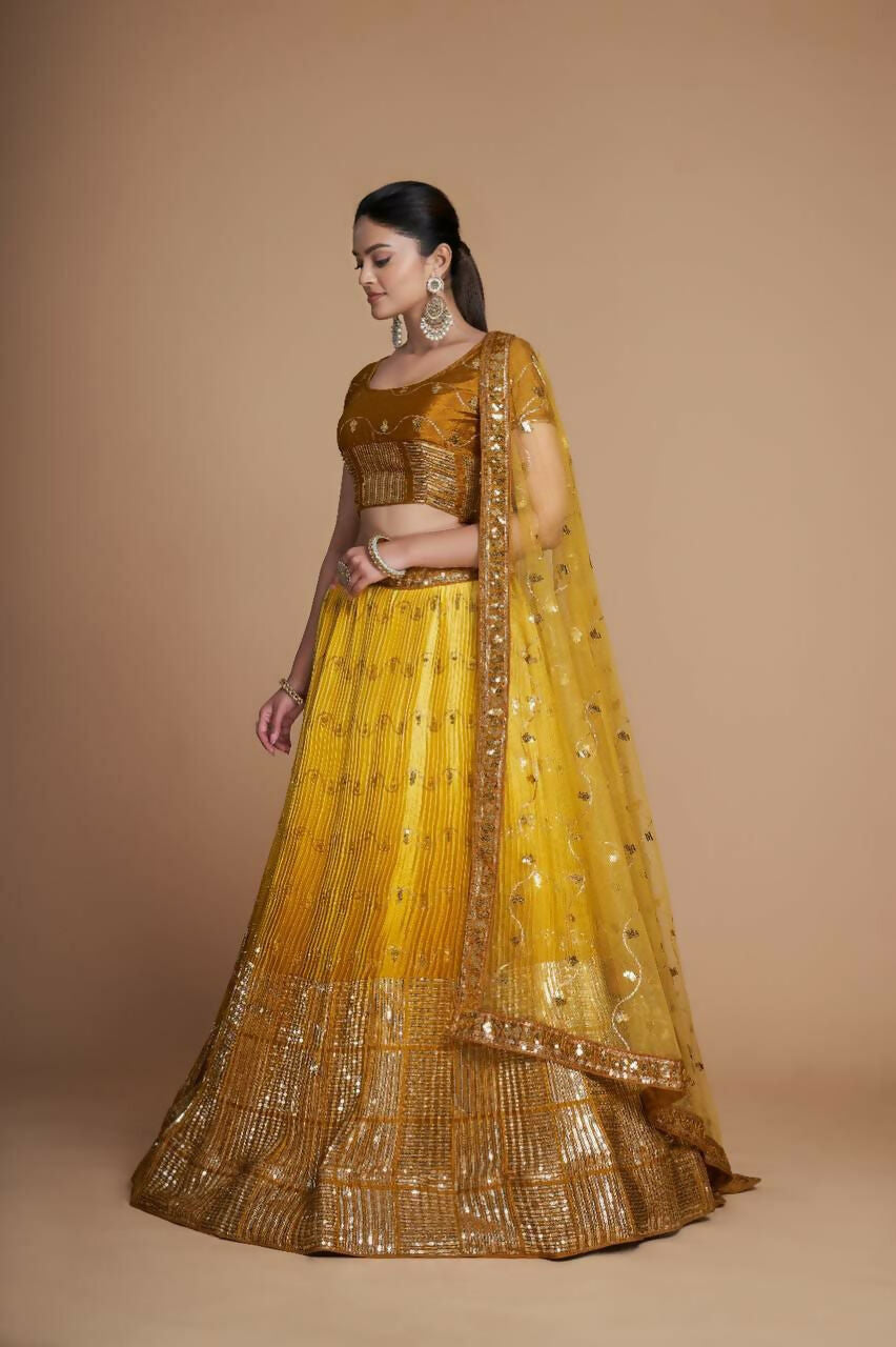 Mustard Heavy Chinon Sequins Embroidered Lehenga Choli Set