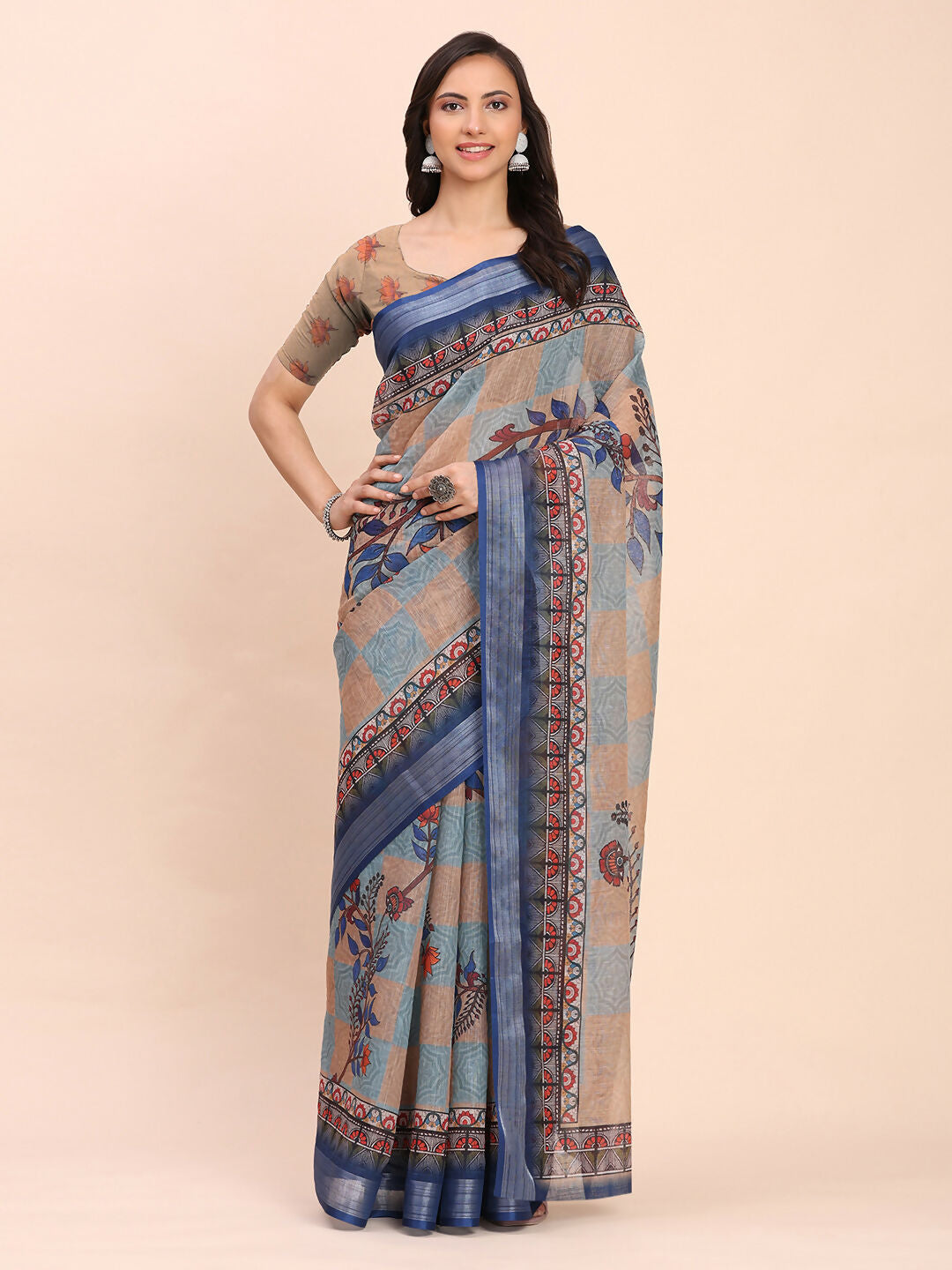 Cream Linen Cotton Saree with Matching Blouse Piece