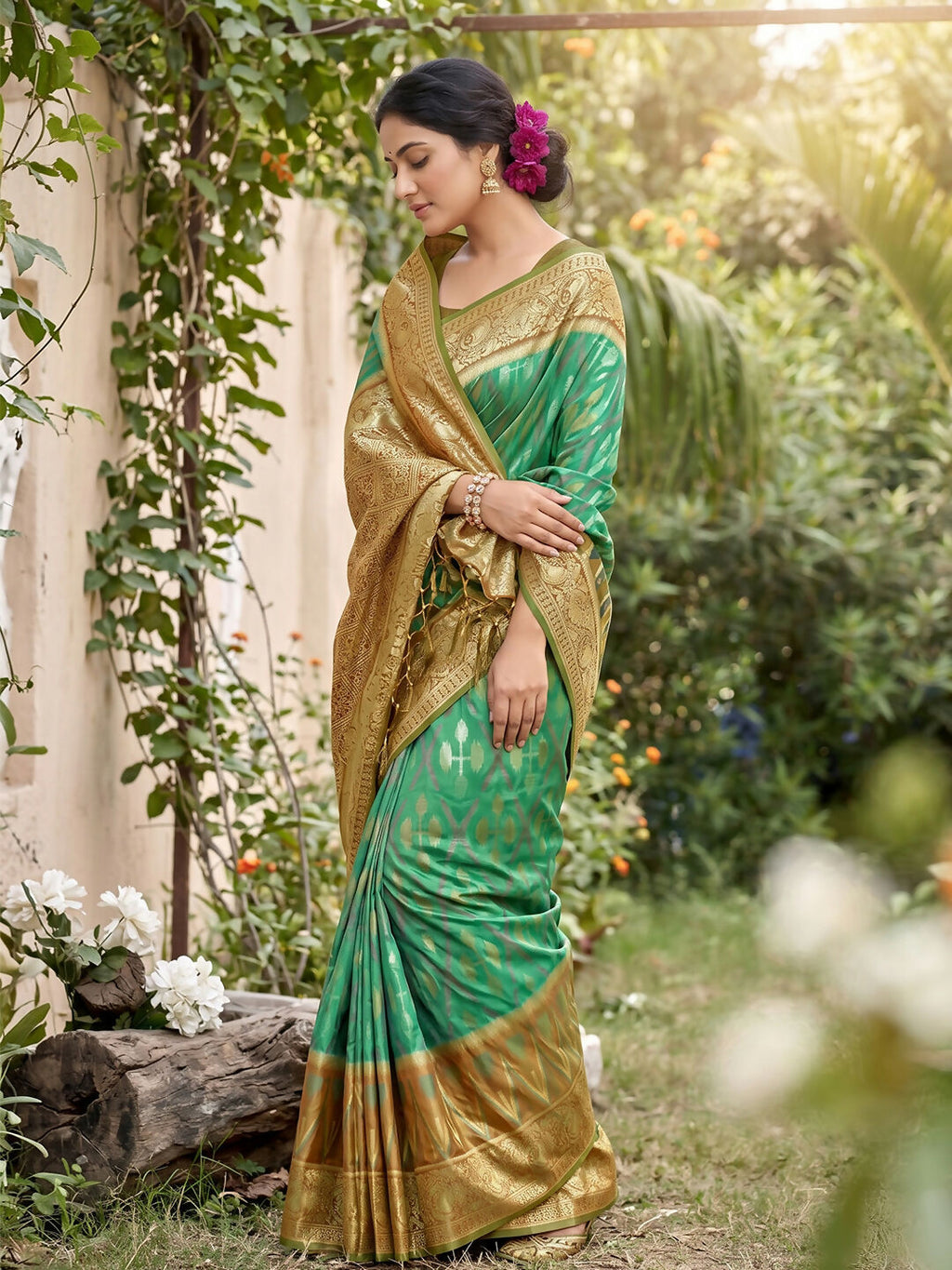 Rama Green Soft Silk Saree with Matching Blouse Fabric