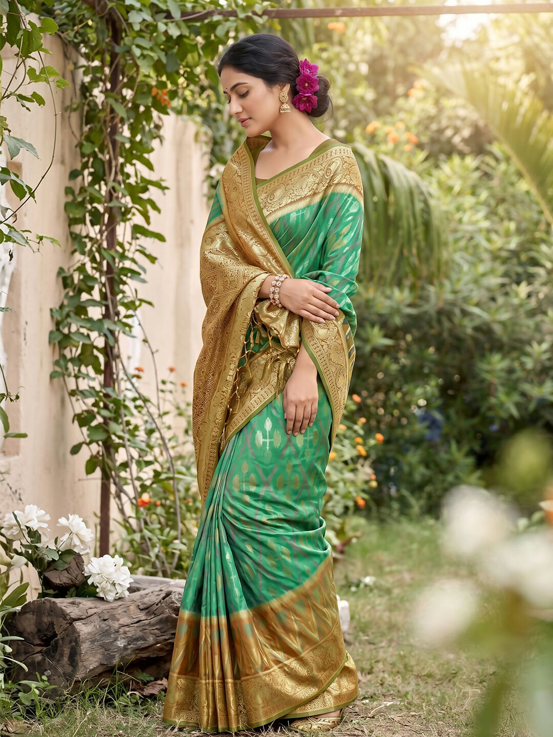 Rama Green Soft Silk Saree with Matching Blouse Fabric