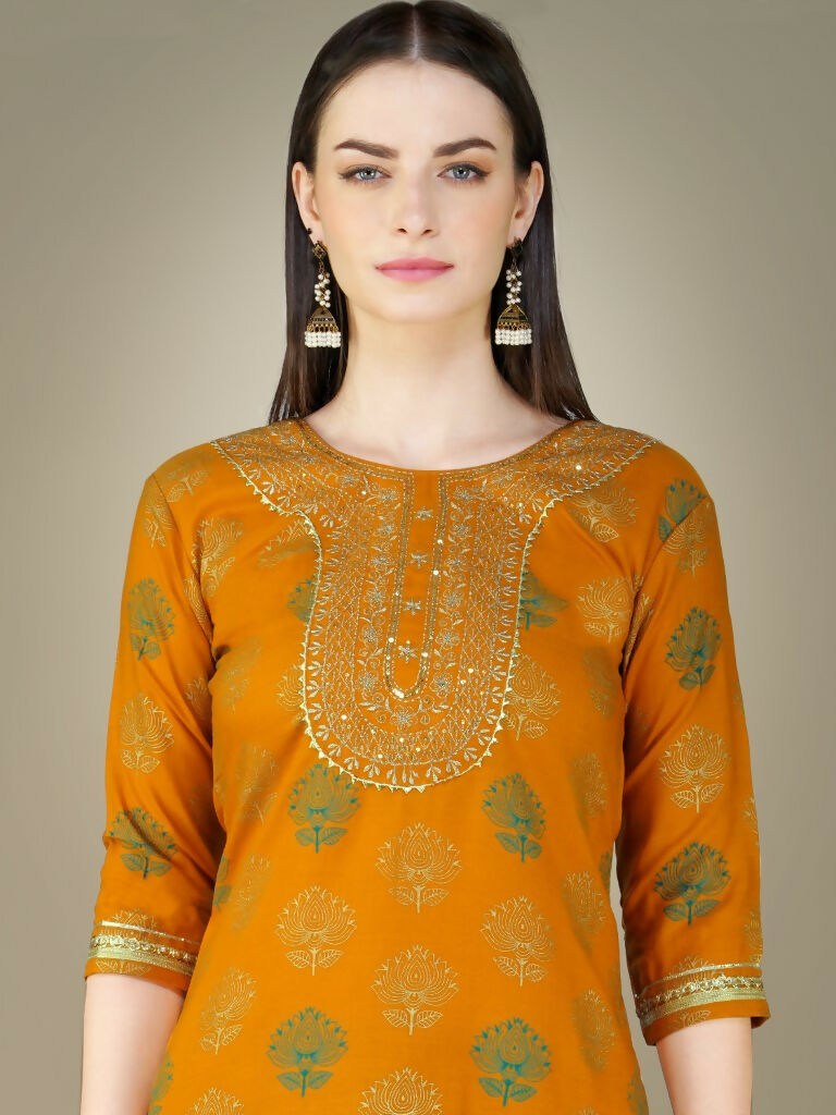 Yellow Cotton Magic Slub Straight Kurta Set with Embroidery