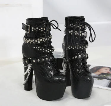 Women's Black Studded Platform Chunky Heel Ankle Boots - Image 6