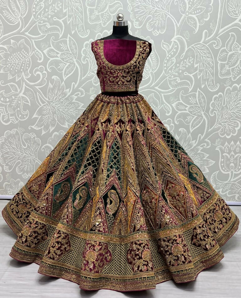 Velvet Wedding Lehenga Choli with Zircon and Sequins