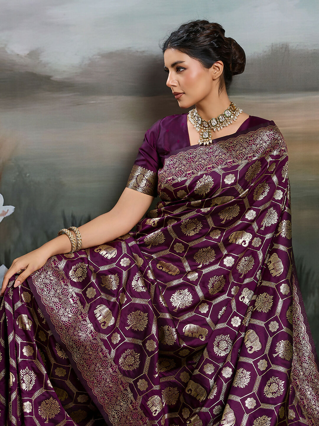 Wine Silk Blend Saree with Matching Blouse Piece