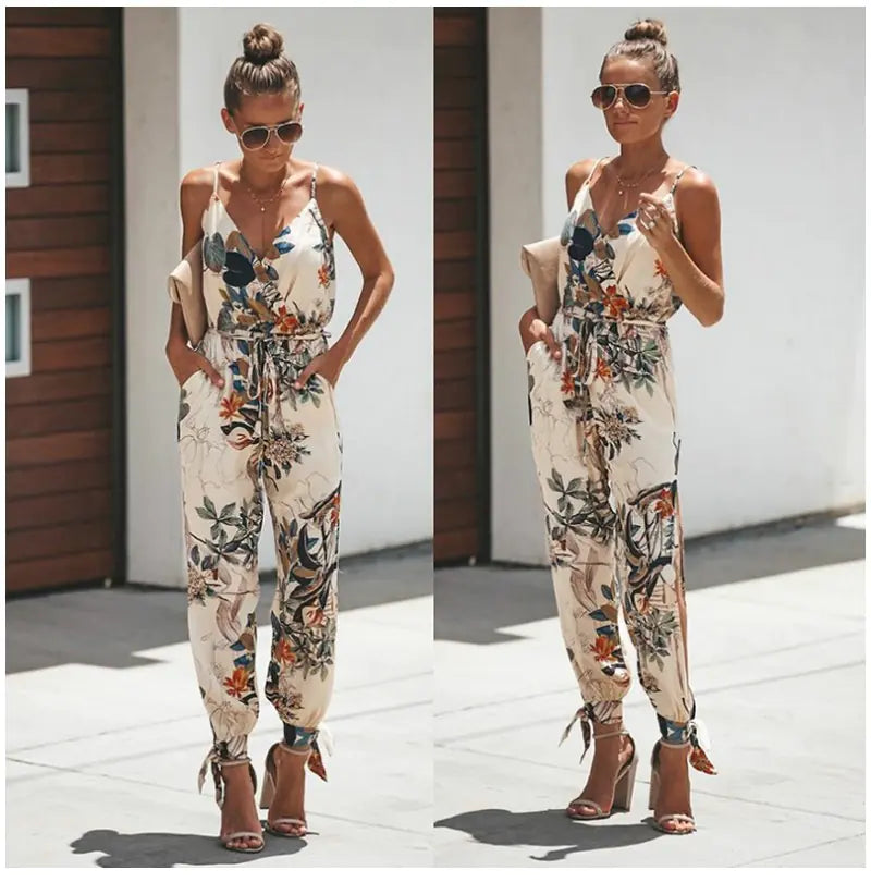 Women's V-Neck Floral Print Jumpsuit with Tie-Back and Cuffed Hem - Image 12