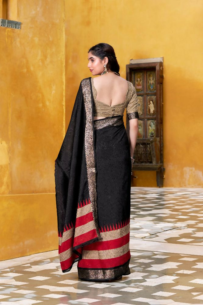 PR Fashion Black Poly Cotton Printed With Zari Weaving Work Saree