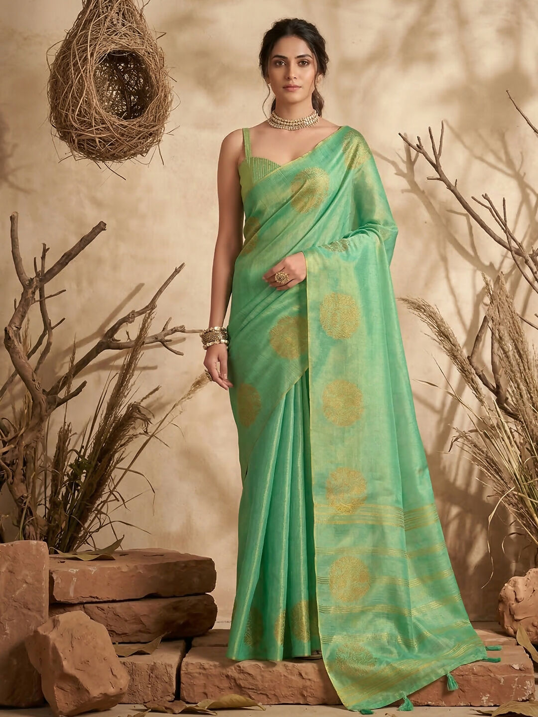 Green Tissue Silk Saree with subtle sheen and matching blouse
