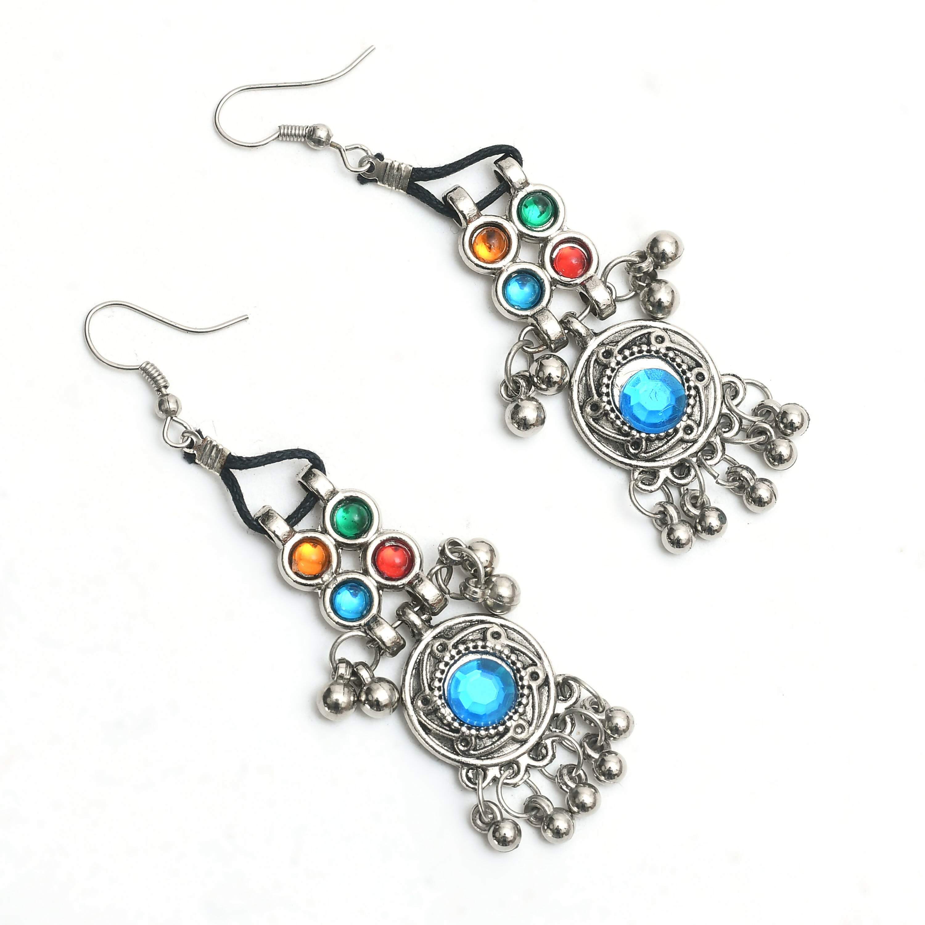 Multi Kundan Afghani Long Necklace in Oxidised Silver Finish