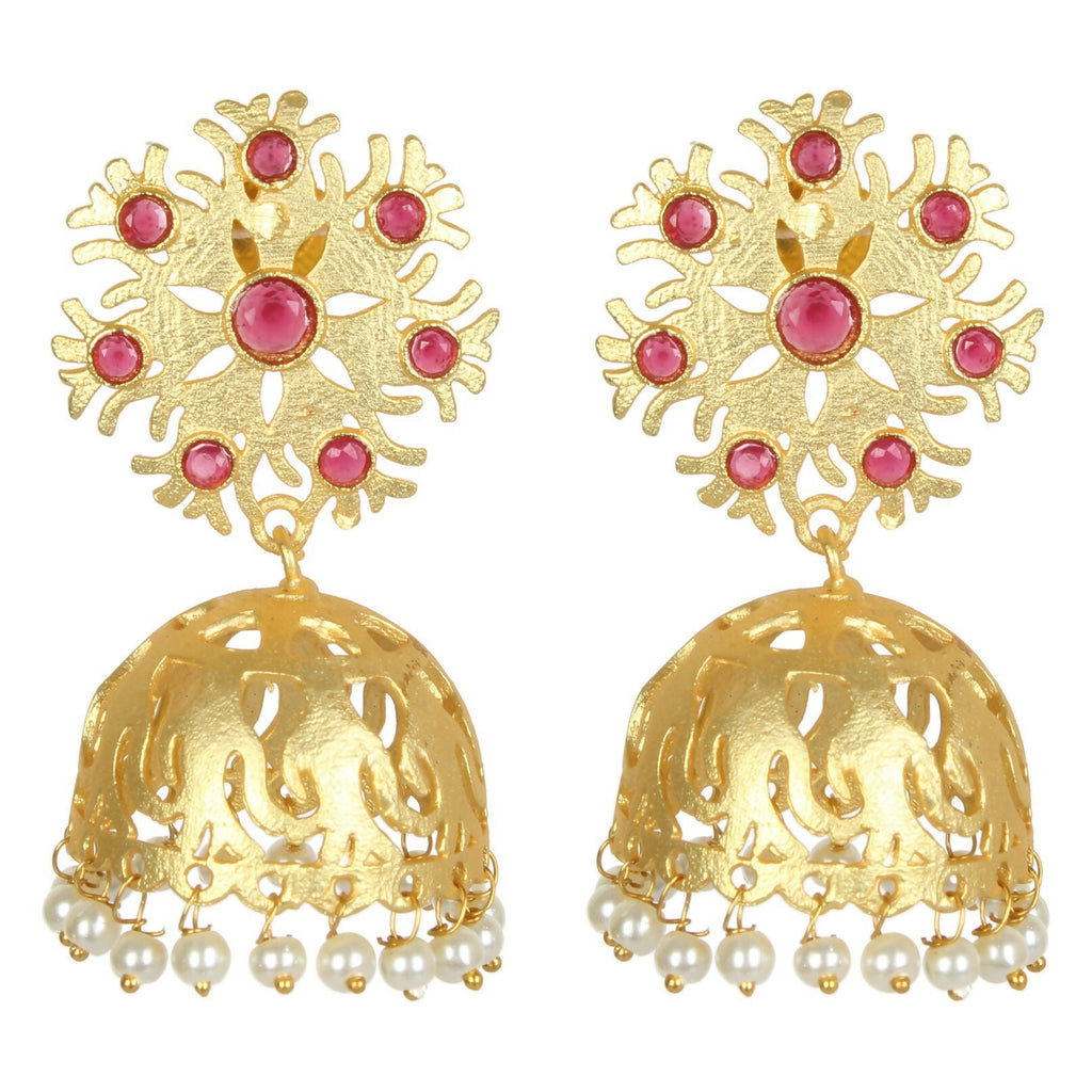 Artisan Matte Gold Brass Jhumka Earrings - Intricate Drop Design
