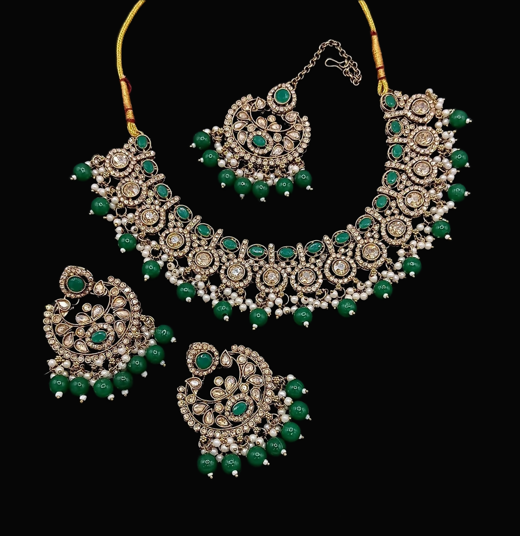 Elegant green stone work necklace and earring set for ethnic wear