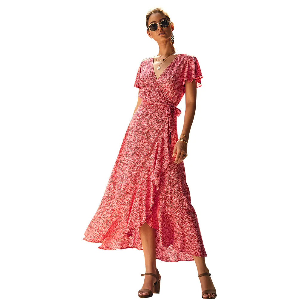 Women's Floral Wrap Midi Dress with V-Neck and Ruffled Hem - Image 16