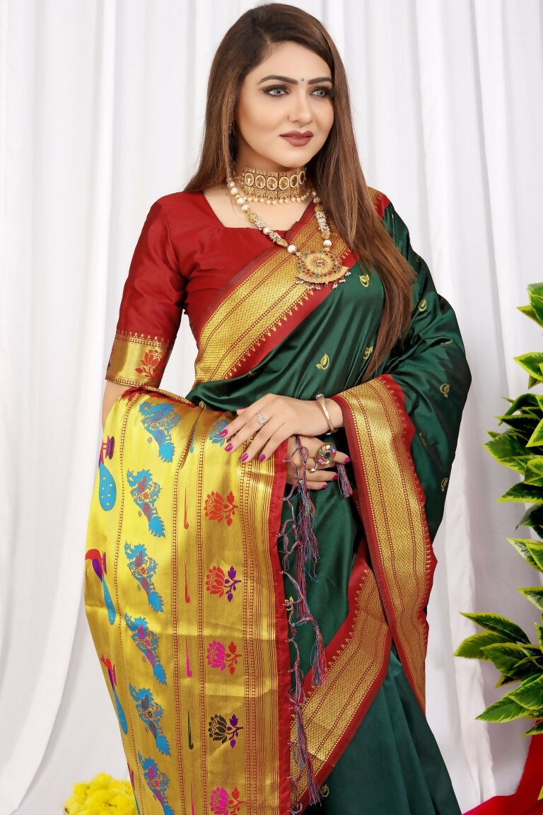 Bottle Green Paithani Silk Zari Woven Saree with Maroon Blouse