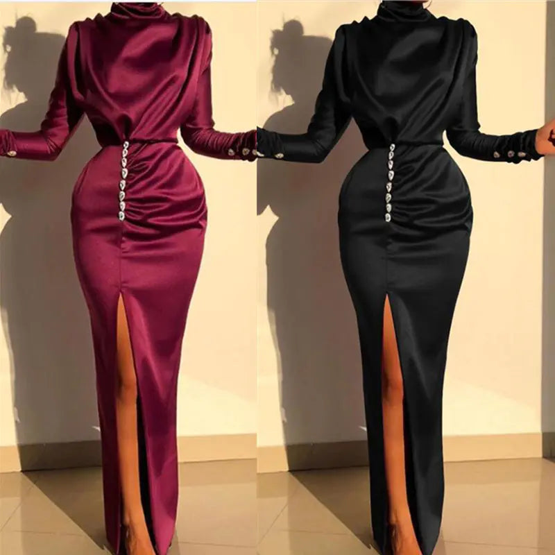 Women's Long Sleeve High Neck Split Maxi Dress Satin Finish - Image 10